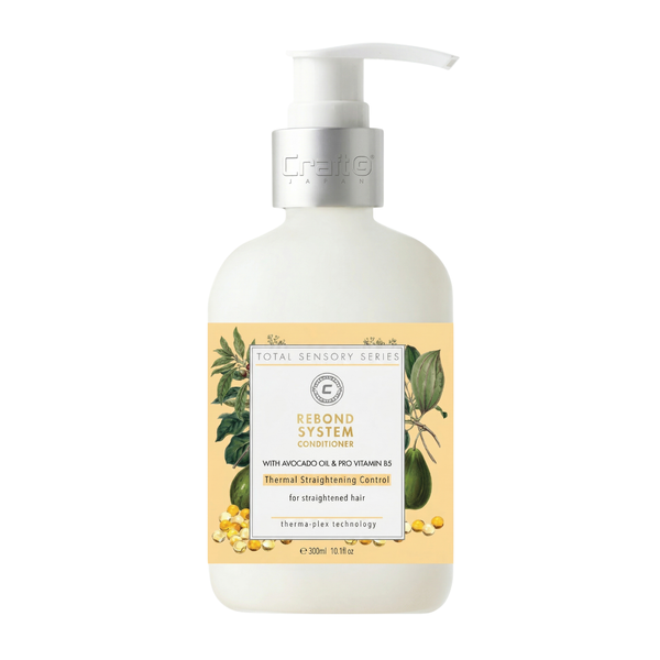 Bottle of Rebond System conditioner with avocado oil and vitamin E on a white background
