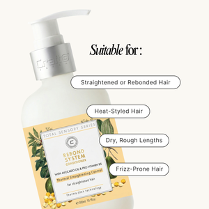 Conditioner bottle with label and text indicating suitability for various hair types on a white background