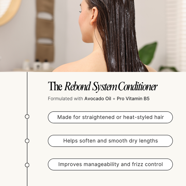 Woman with wet hair in a bathroom setting, featuring text about The Rebond System Conditioner.