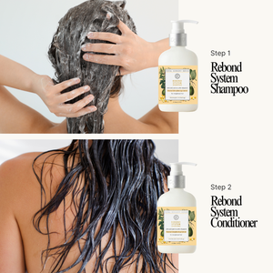 Two-step hair care routine with shampoo and conditioner bottles and a person washing hair.