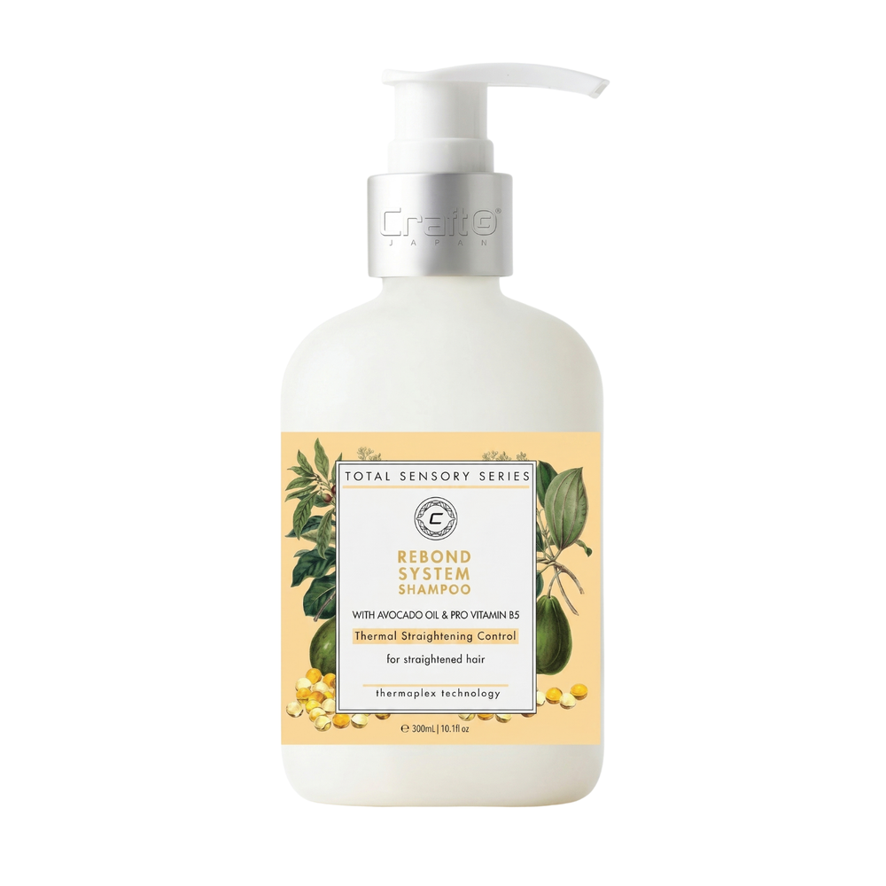 Hair care product bottle with label and pump on a white background