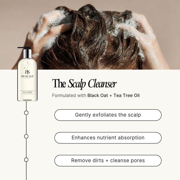 Person washing hair with a bottle of 'The Scalp Cleanser' on a beige background