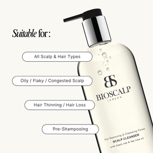 Bioscalp scalp cleanser bottle with suitability features on a white background