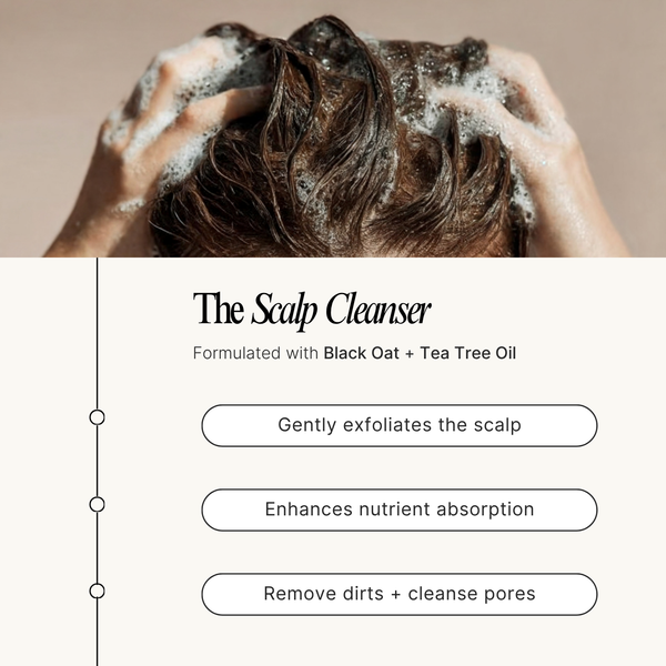 Person washing hair with a focus on scalp care, featuring 'The Scalp Cleanser' product description.
