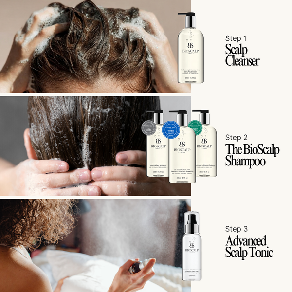Step-by-step hair care routine with scalp cleanser, shampoo, and tonic, featuring BioScalp products.
