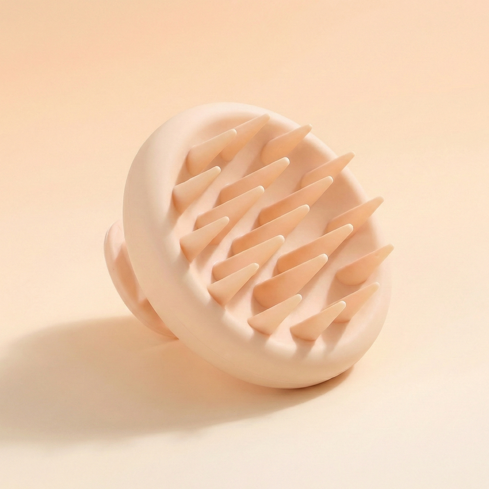 Pink silicone scrubber with textured surface on a beige background