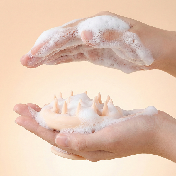 Two hands with soapy foam on a beige background