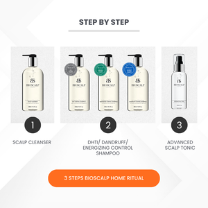 step by step, step 1 use scalp cleanser, step 2 use dhti/ dandruff/ energizing control shampoo, step 3 use advanced scalp tonic