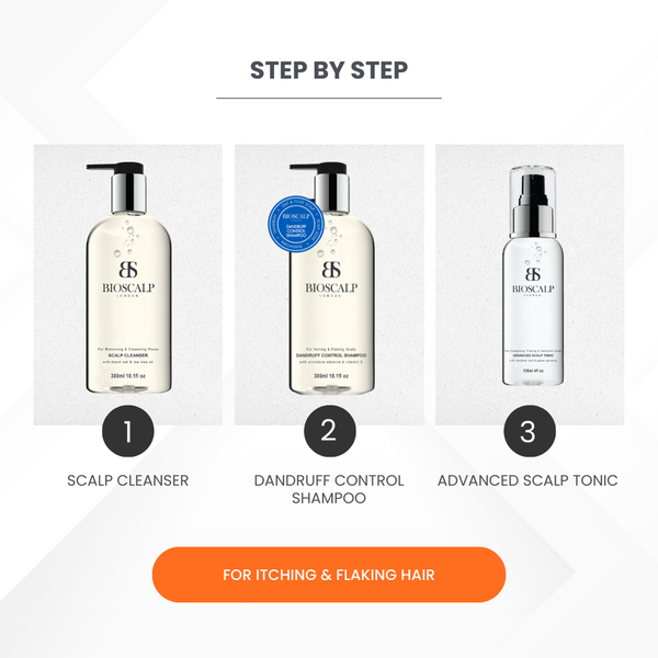 step by step guide of using bioscalp dandruff control kit, step 1 use scalp cleanser, step 2 use dandruff control shampoo, step 3 use advanced scalp tonic, for itching & flaking hair