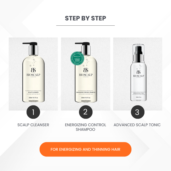 Step 1 use scalp cleanser, step 2 use energizing control shampoo, step 3 use advanced scalp tonic