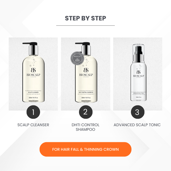 step 1 use scalp cleanser, step 2 use DHTI control shampoo, step 3 use advanced scalp tonic, for hair fall & thinning crown