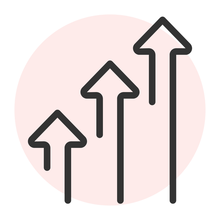 three upward arrows on a red circle background