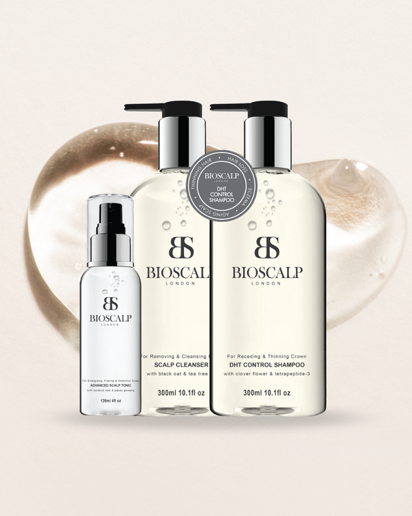bioscalp shampoo kit, liquid blob on beige background