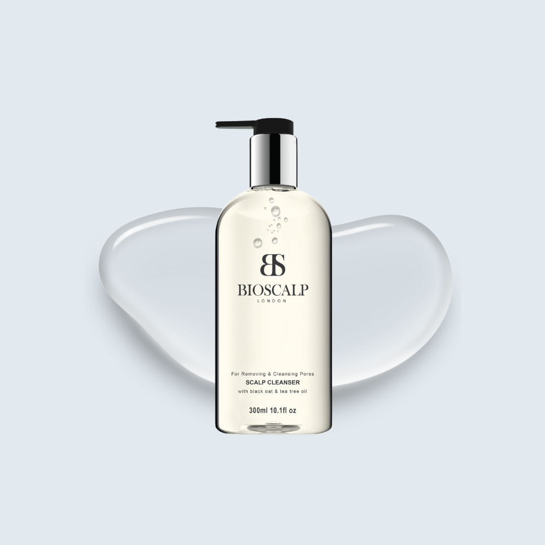 bioscalp scalp cleanser, light blue background with liquid graphic