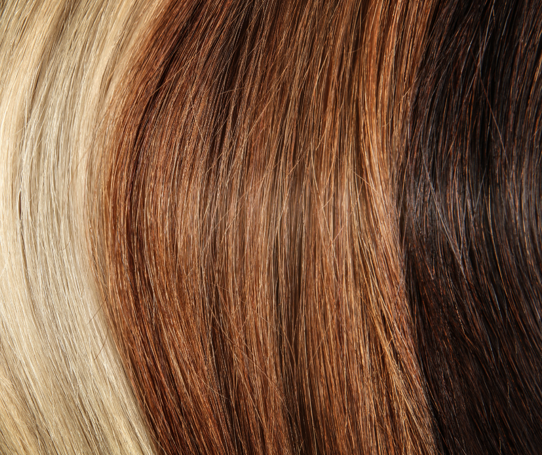 Close-up of hair color swatches including blonde, brown, and black.