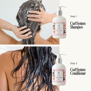 Two steps of using Curl System shampoo and conditioner with a person washing and conditioning their hair.